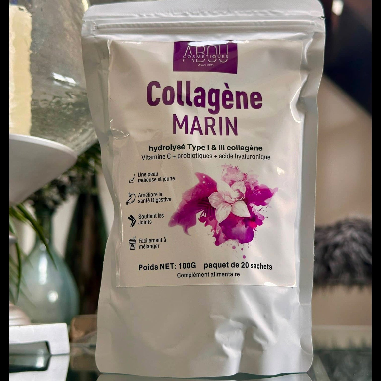 Collagène Marin Hydrolysé Type I & III + Vitamine C + Probiotiques – 20 Sachets | Cosmétiques ABOU
